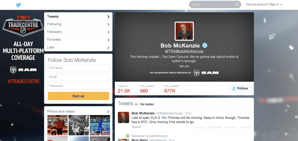 Screenshot of Bob McKenzie's Twitter account from March 4, 2014